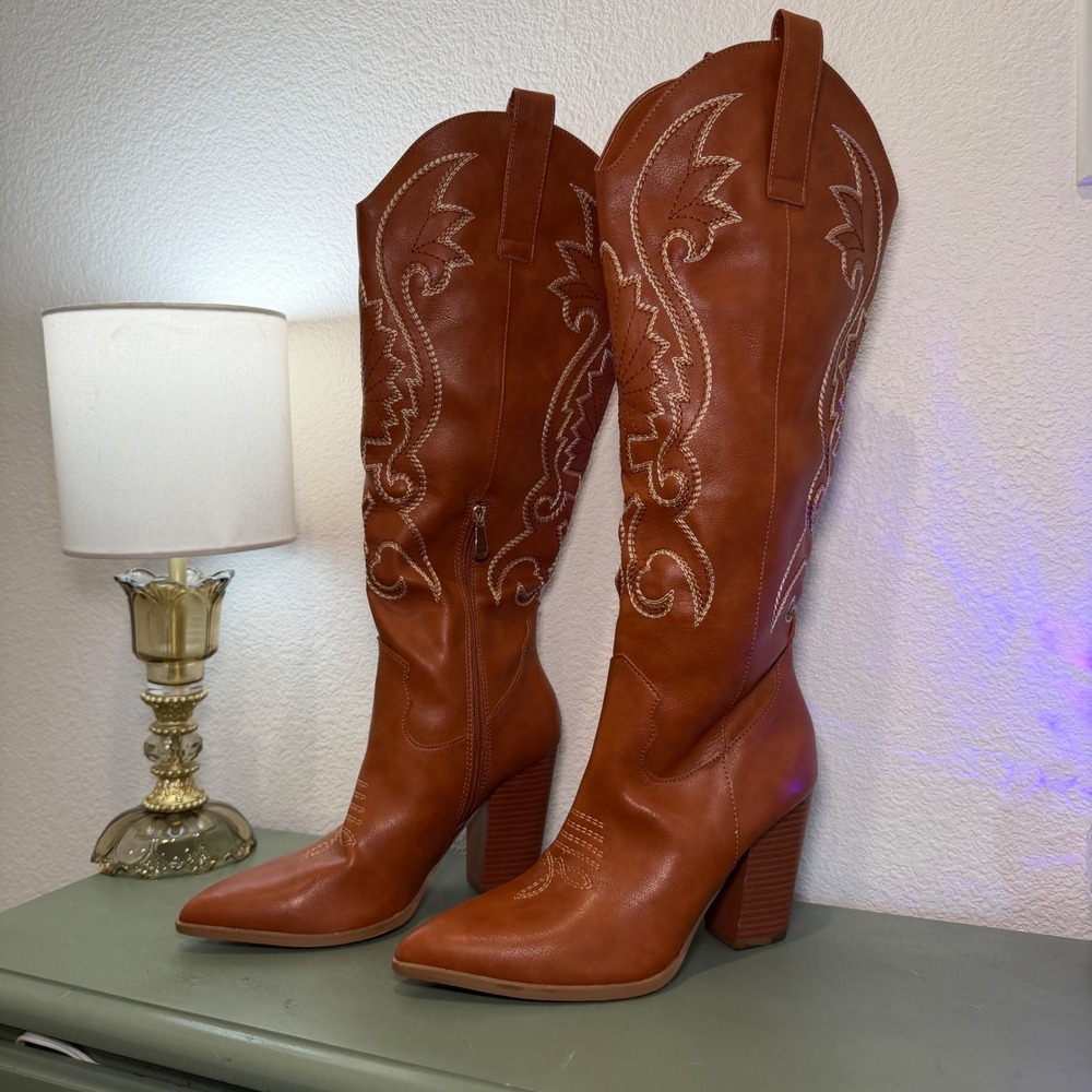 Cognac Brown Embroidered Western Tall Boots Pointed Toe Block Heel